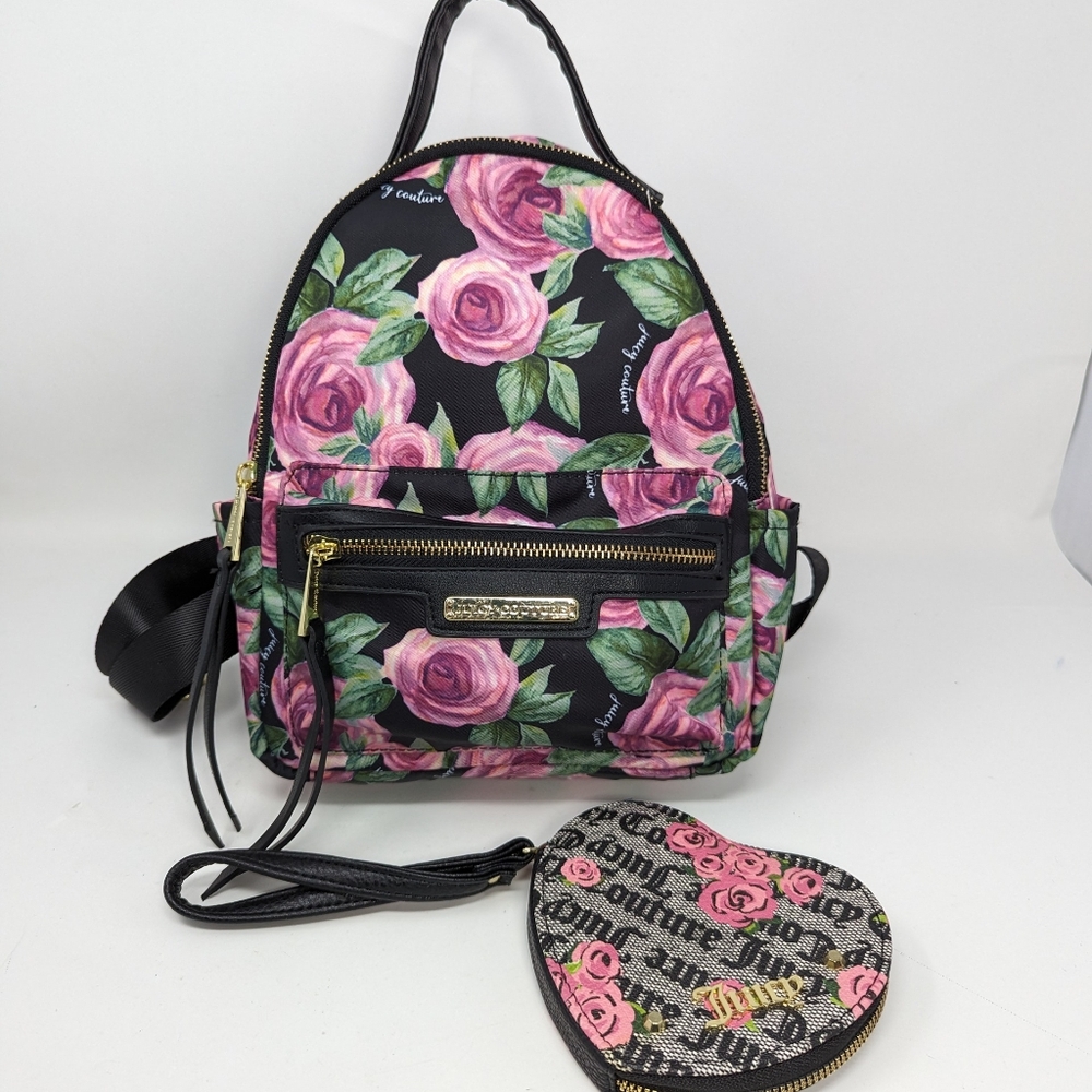 Juicy Couture Multi Rose Fabric Backpack & Heart Shaped Coin Purse